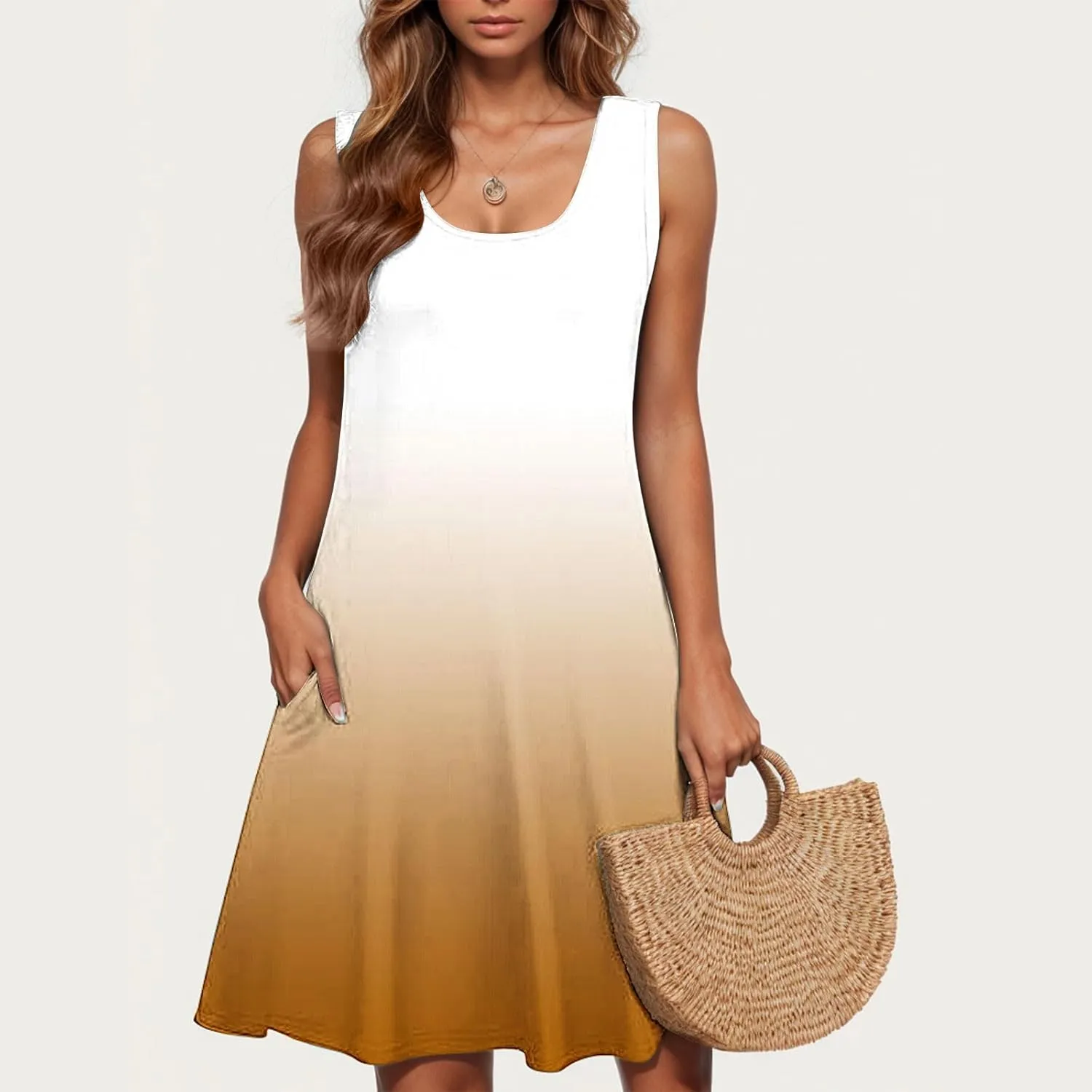 Womens Tie Dye Summer Dresses 2025 Gradient Loose Crew Neck Sleeveless Sundresses Fashion Color Block A-Line Dress