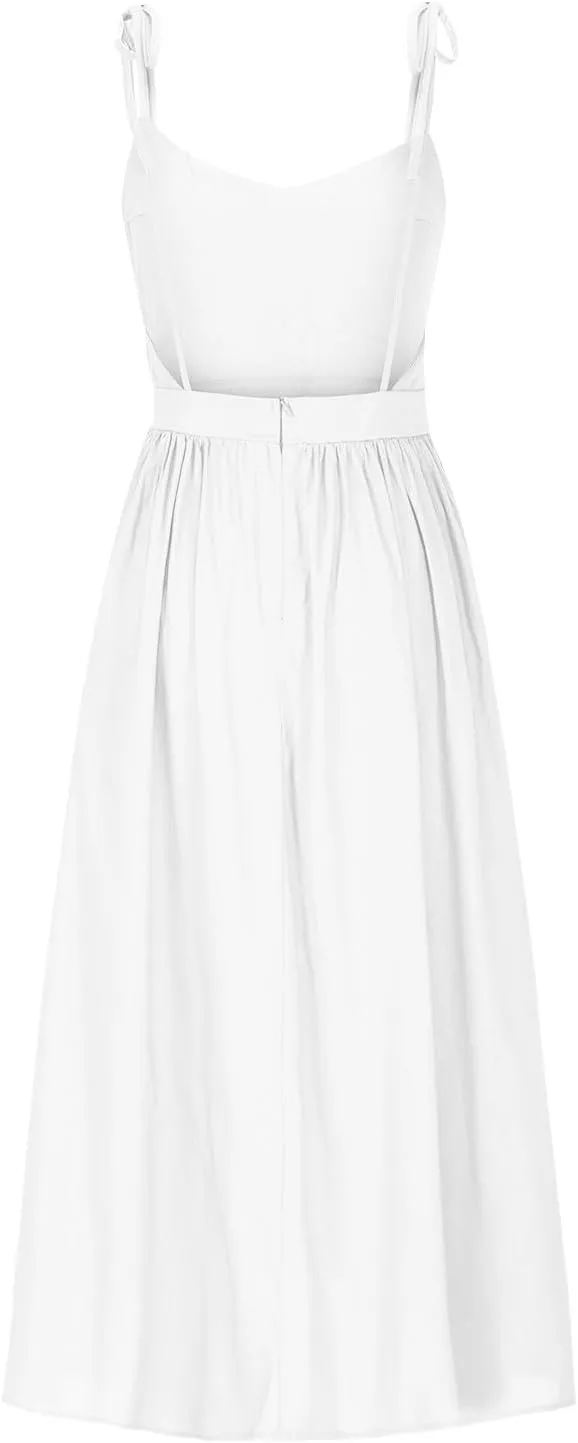 Womens Tie Shoulder Midi Dresses Spaghetti Strap V Neck Backless High Waist Pleated A Line Dress Summer Beach Sundress