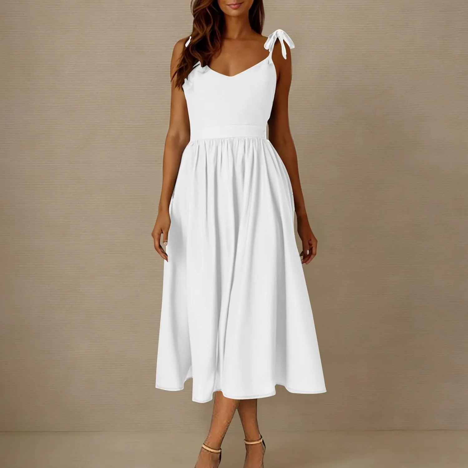 Womens Tie Shoulder Midi Dresses Spaghetti Strap V Neck Backless High Waist Pleated A Line Dress Summer Beach Sundress