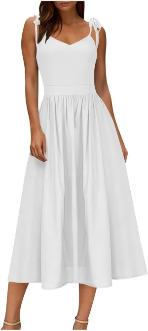 Womens Tie Shoulder Midi Dresses Spaghetti Strap V Neck Backless High Waist Pleated A Line Dress Summer Beach Sundress