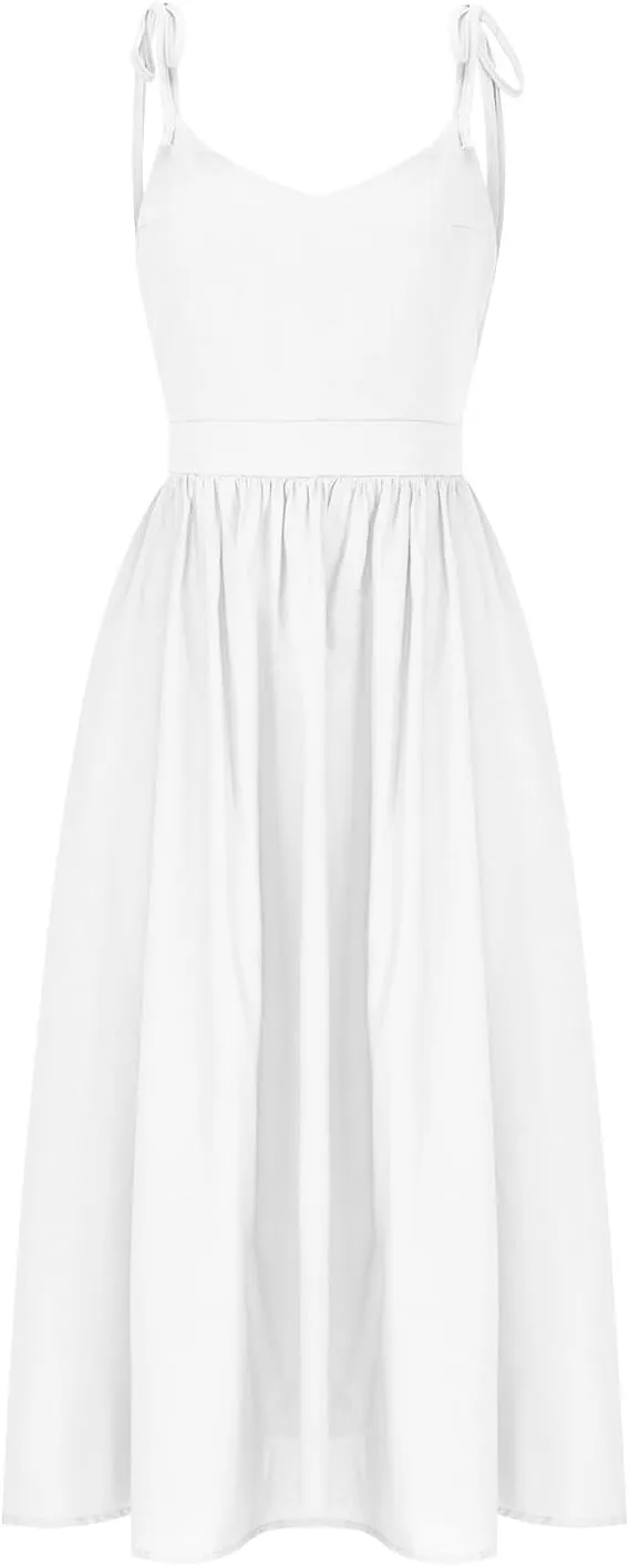 Womens Tie Shoulder Midi Dresses Spaghetti Strap V Neck Backless High Waist Pleated A Line Dress Summer Beach Sundress