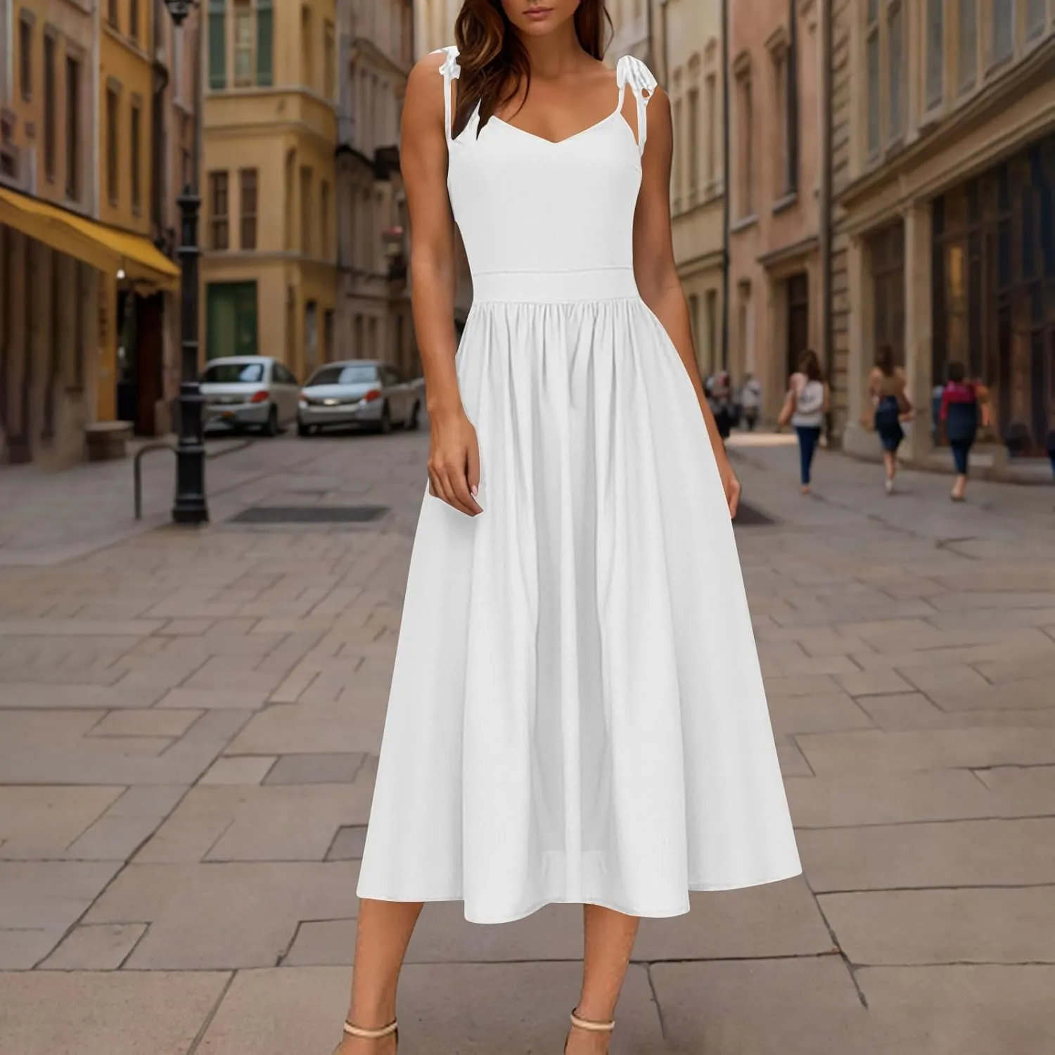 Womens Tie Shoulder Midi Dresses Spaghetti Strap V Neck Backless High Waist Pleated A Line Dress Summer Beach Sundress