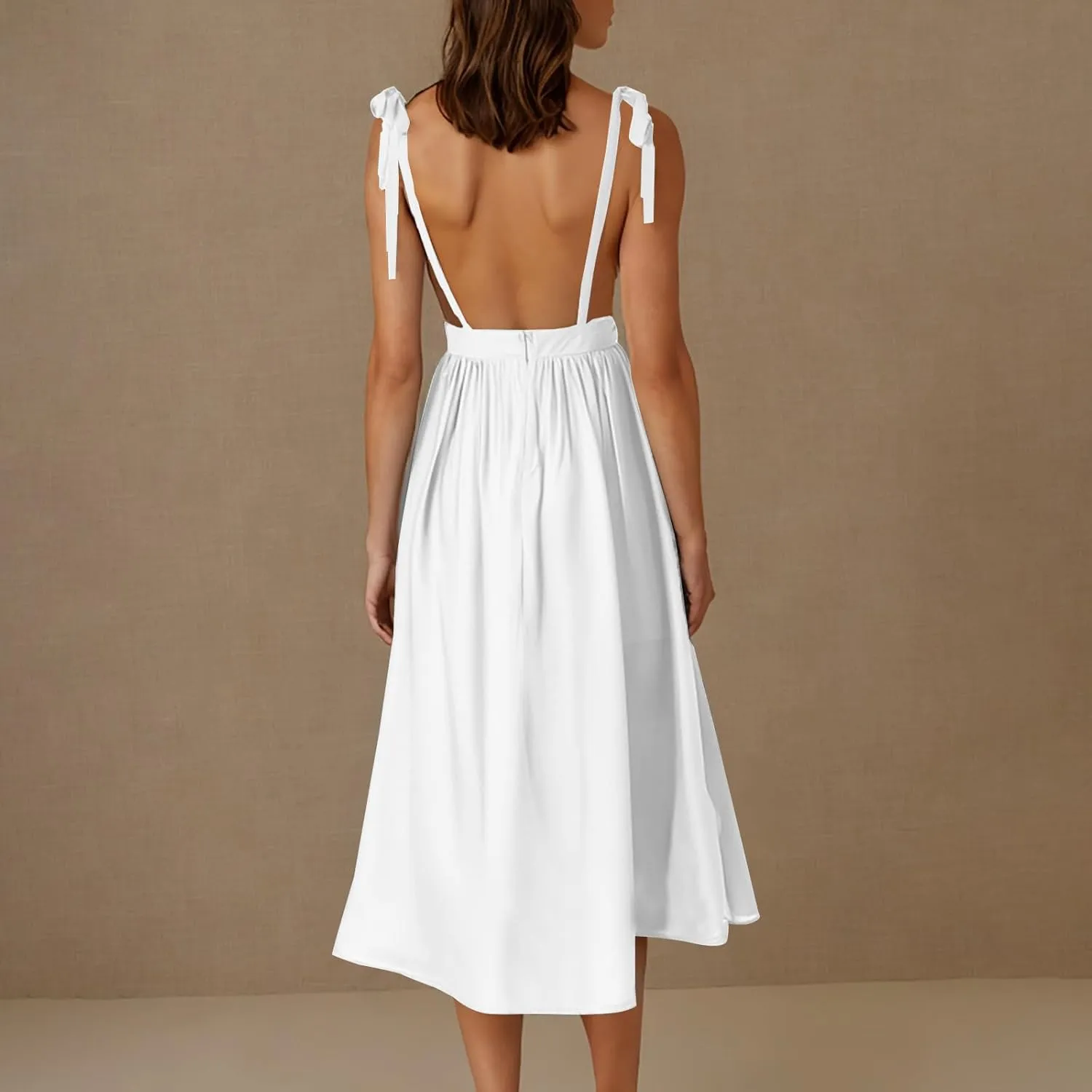 Womens Tie Shoulder Midi Dresses Spaghetti Strap V Neck Backless High Waist Pleated A Line Dress Summer Beach Sundress