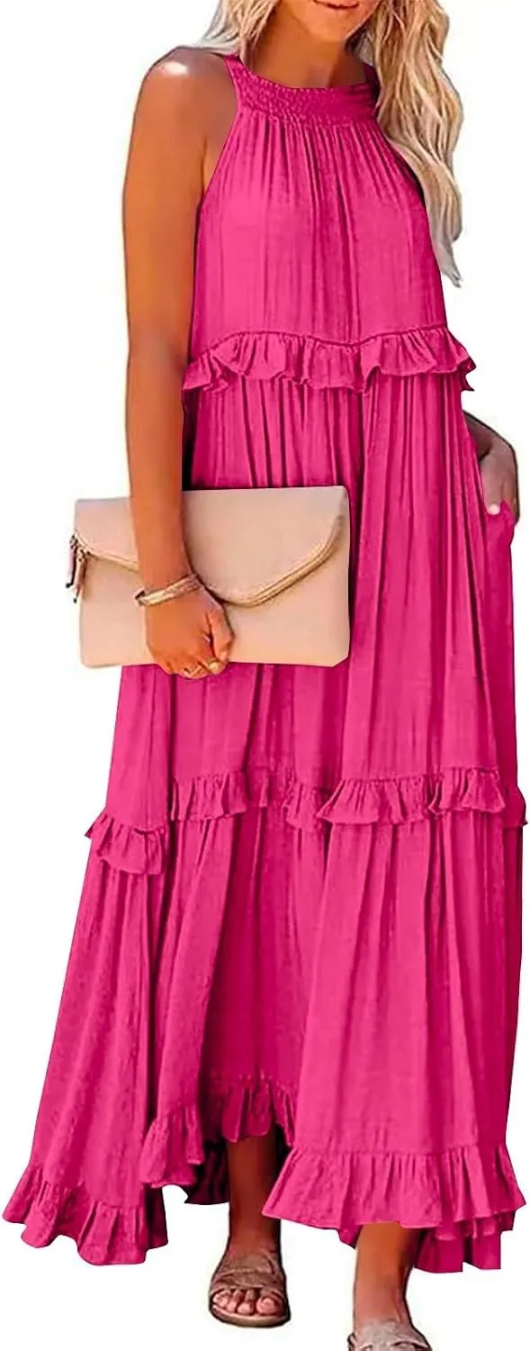 Womens Tiered Dress 2025 Summer Casual Sleeveless Tie Back Pleated Maxi Dress A Line Flowy Long Beach Sun Dresses