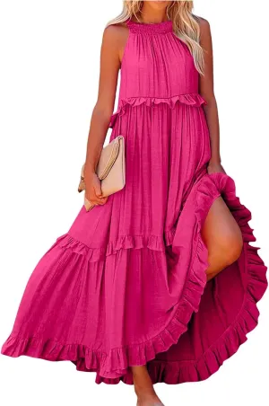 Womens Tiered Dress 2025 Summer Casual Sleeveless Tie Back Pleated Maxi Dress A Line Flowy Long Beach Sun Dresses