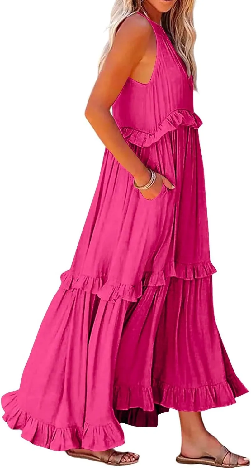 Womens Tiered Dress 2025 Summer Casual Sleeveless Tie Back Pleated Maxi Dress A Line Flowy Long Beach Sun Dresses