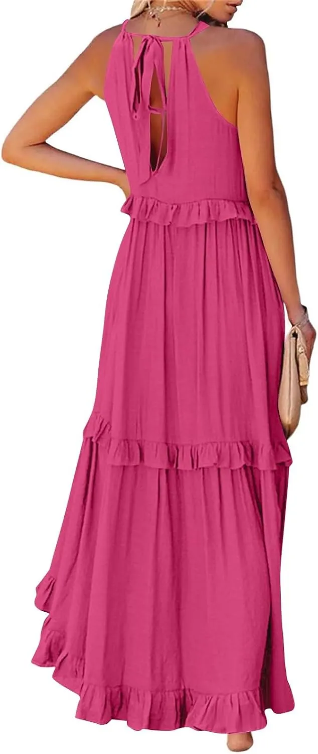 Womens Tiered Dress 2025 Summer Casual Sleeveless Tie Back Pleated Maxi Dress A Line Flowy Long Beach Sun Dresses