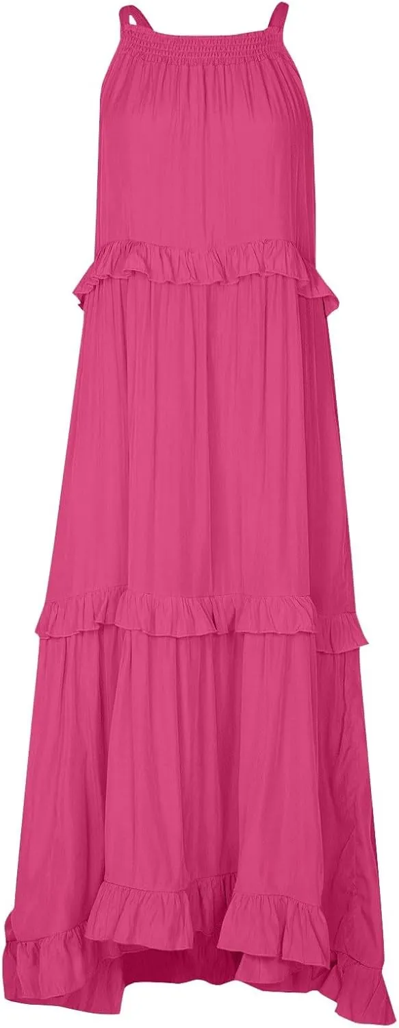 Womens Tiered Dress 2025 Summer Casual Sleeveless Tie Back Pleated Maxi Dress A Line Flowy Long Beach Sun Dresses