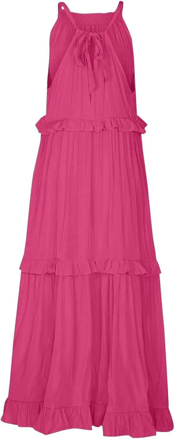 Womens Tiered Dress 2025 Summer Casual Sleeveless Tie Back Pleated Maxi Dress A Line Flowy Long Beach Sun Dresses