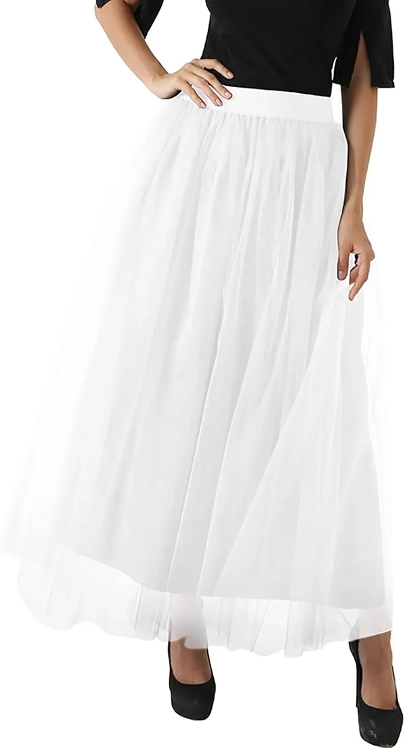 Women's Tiered Layered Mesh Ballet Trim Skirt Prom Party Tulle Tutu A Line Midi Skirt Womens Pleated Cheer Skirts