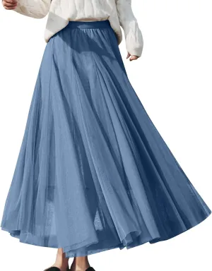 Womens Tulle Maxi Skirts Summer Party Solid Beach Elastic High Waist Pleated A-Line Flowy Swing Long Maxi Skirt