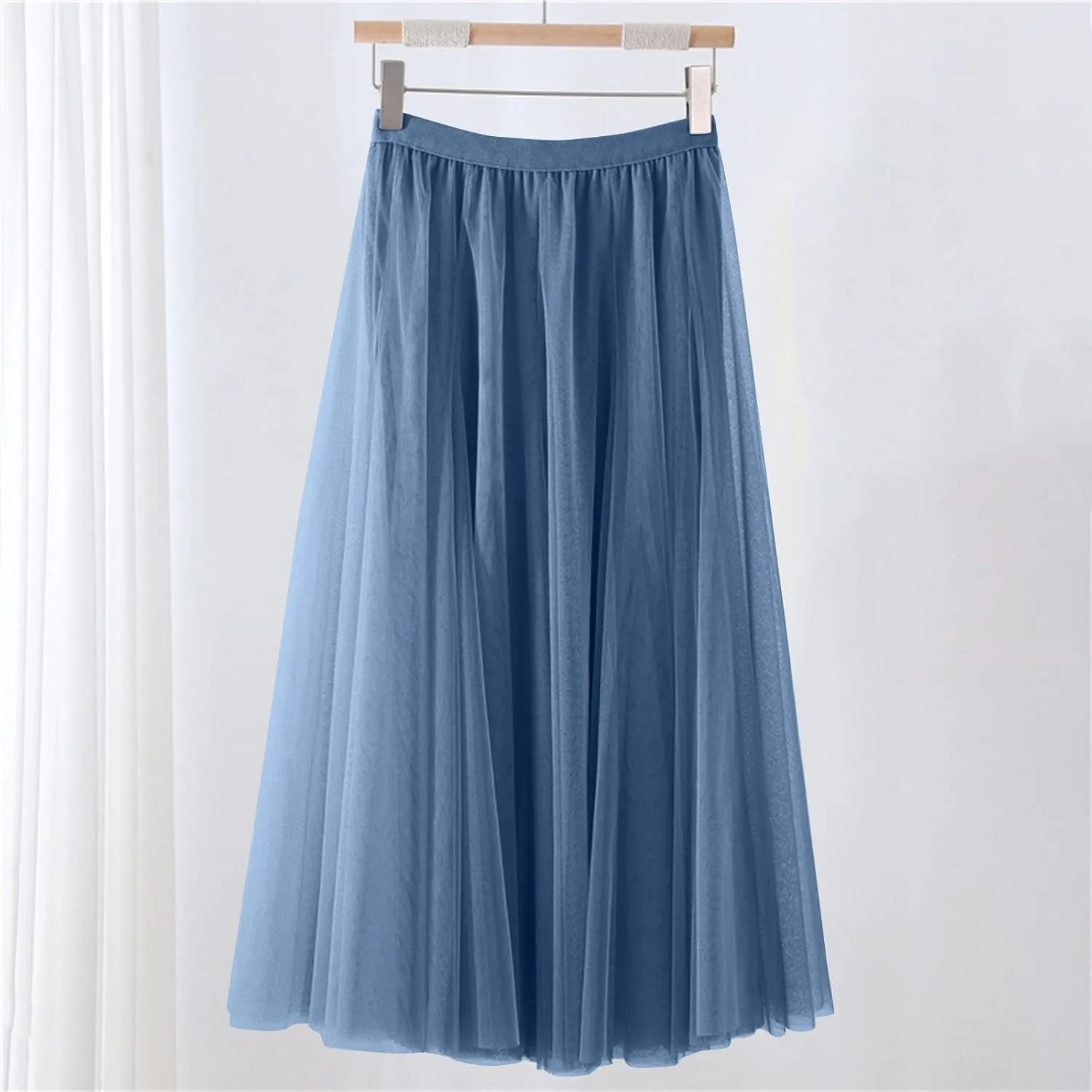 Womens Tulle Maxi Skirts Summer Party Solid Beach Elastic High Waist Pleated A-Line Flowy Swing Long Maxi Skirt