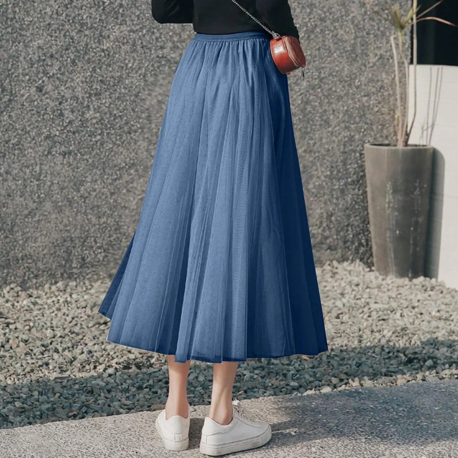 Womens Tulle Maxi Skirts Summer Party Solid Beach Elastic High Waist Pleated A-Line Flowy Swing Long Maxi Skirt