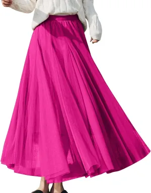 Womens Tulle Maxi Skirts Summer Party Solid Beach Elastic High Waist Pleated A-Line Flowy Swing Long Maxi Skirts