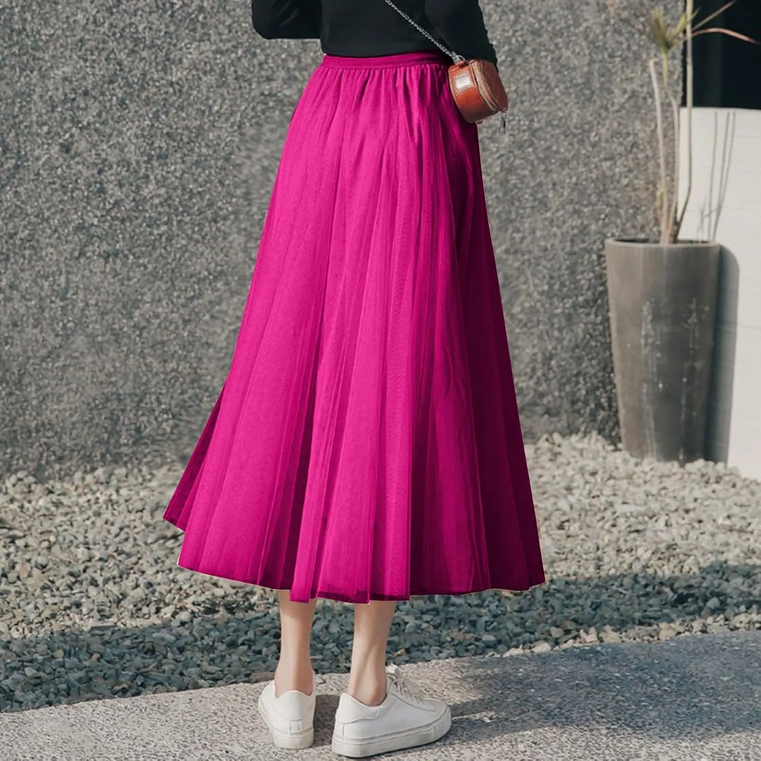 Womens Tulle Maxi Skirts Summer Party Solid Beach Elastic High Waist Pleated A-Line Flowy Swing Long Maxi Skirts