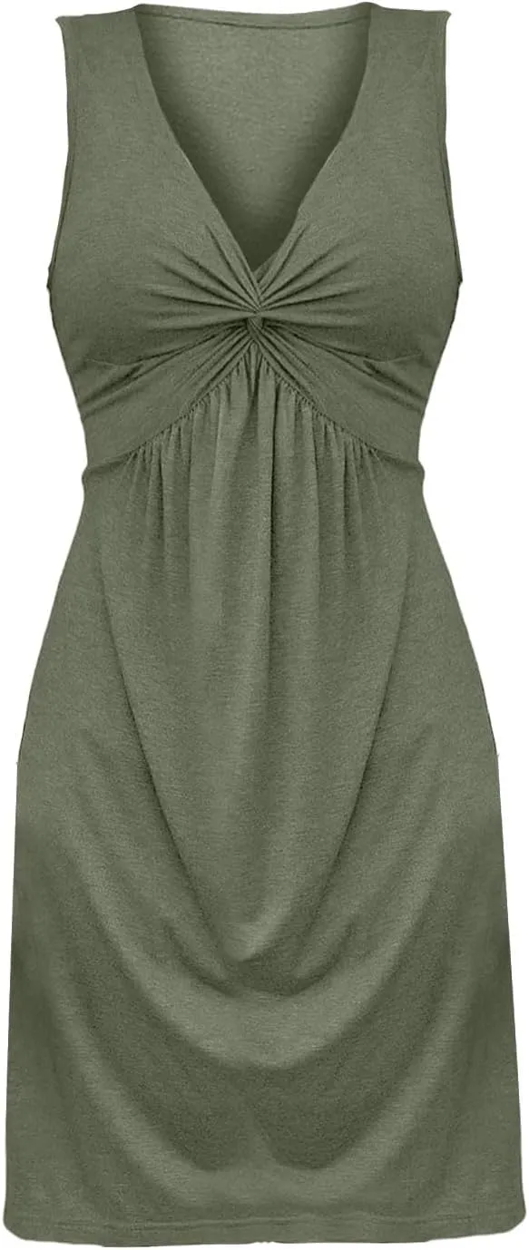 Women's Twist Front V Neck Ruffle Knotted Sleeveless Tank Dress Casual Summer A Line Sundress Vacasion Outfits