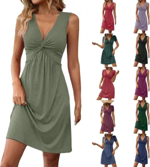 Women's Twist Front V Neck Ruffle Knotted Sleeveless Tank Dress Casual Summer A Line Sundress Vacasion Outfits