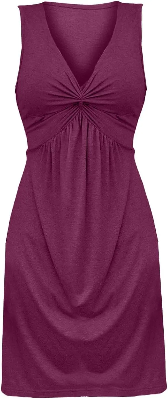 Women's Twist Front V Neck Ruffle Knotted Sleeveless Tank Dress Casual Summer A Line Sundress Vacasion Outfits