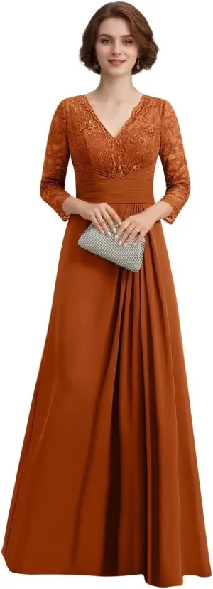 Women's V-Neck Lace Appliques Mother of The Bride Dresses A-Line Long Sleeves Chiffon Formal Gown Evening Dresses