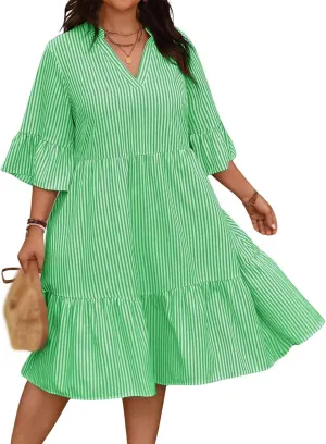 Women's V Neck Striped Dress Summer Tiered Layer Dresses Half Sleeve Flared Midi Dress Swing Ruffle Hem Dresses