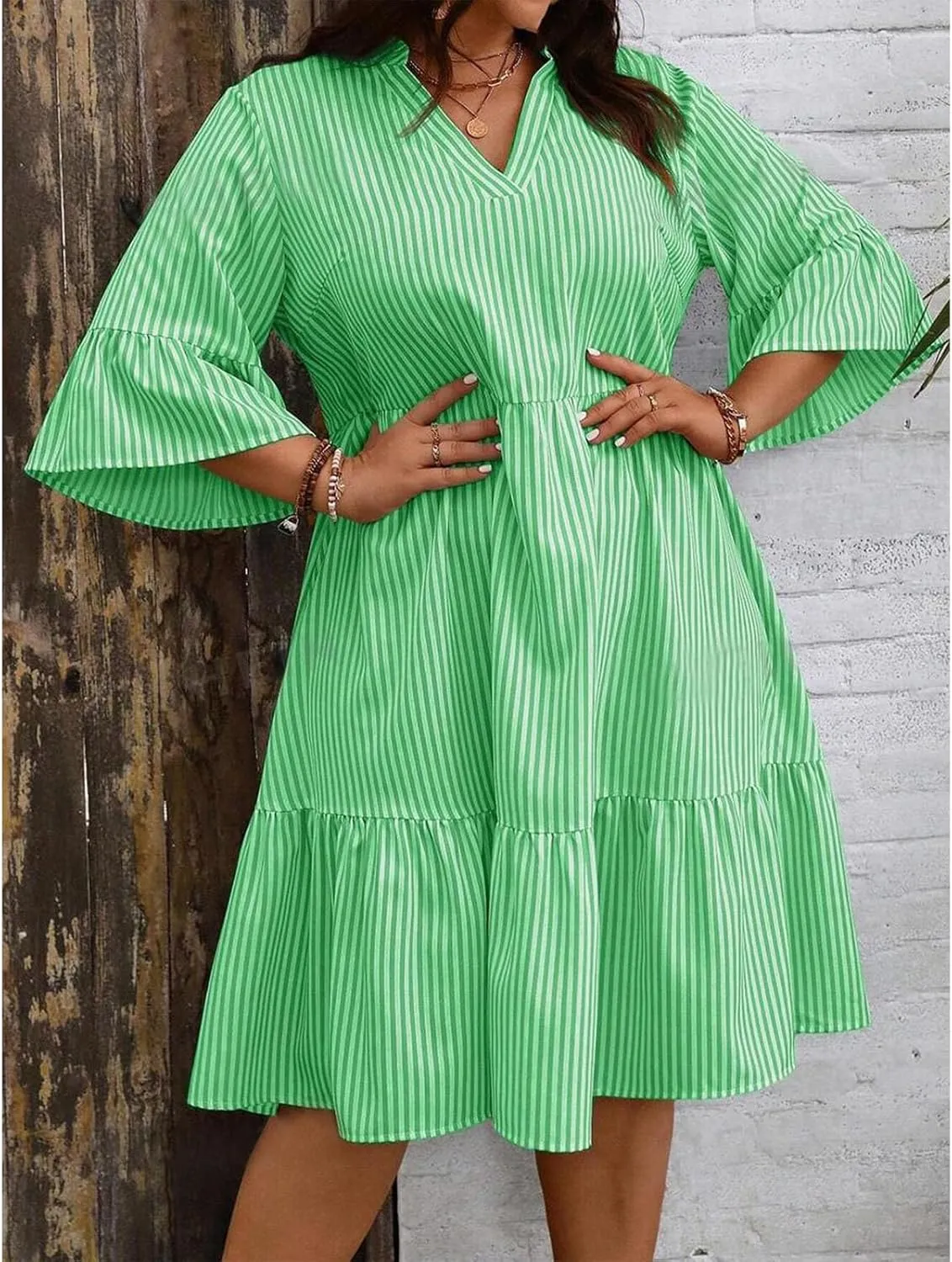 Women's V Neck Striped Dress Summer Tiered Layer Dresses Half Sleeve Flared Midi Dress Swing Ruffle Hem Dresses