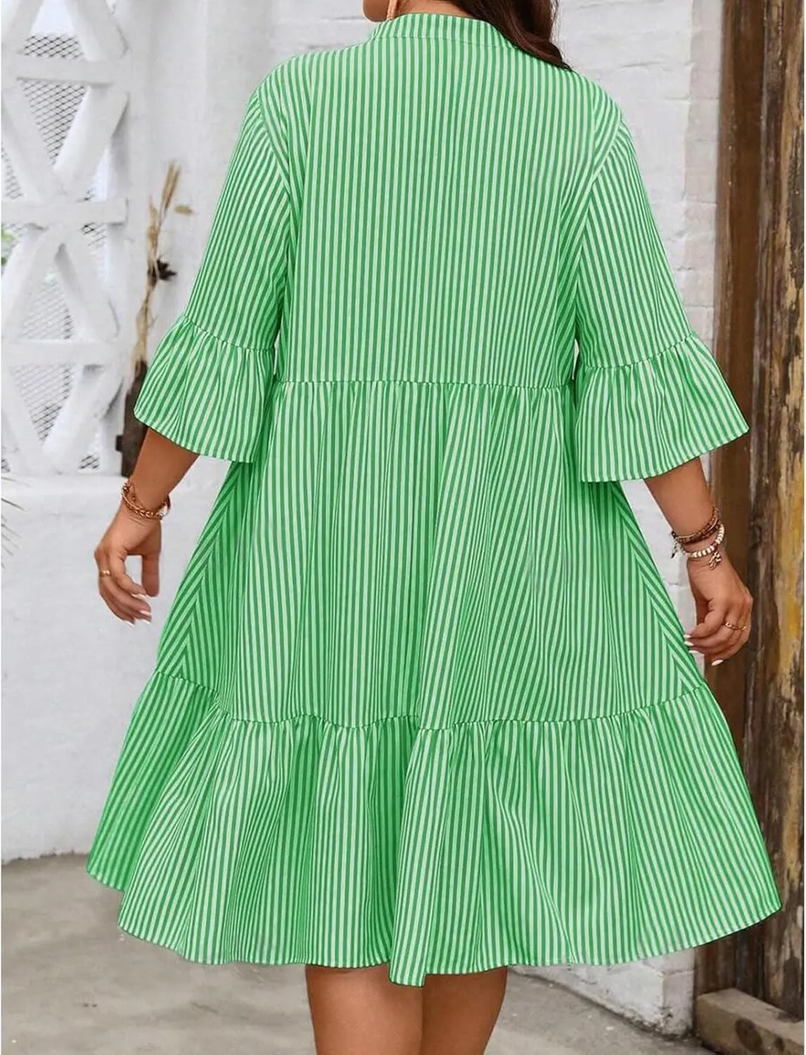 Women's V Neck Striped Dress Summer Tiered Layer Dresses Half Sleeve Flared Midi Dress Swing Ruffle Hem Dresses