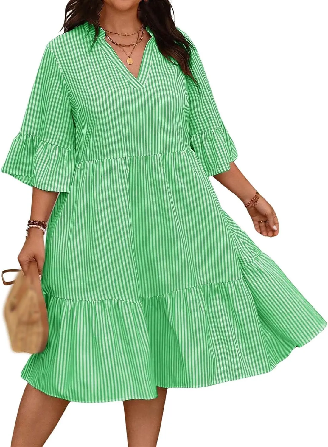 Women's V Neck Striped Dress Summer Tiered Layer Dresses Half Sleeve Flared Midi Dress Swing Ruffle Hem Dresses