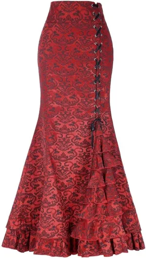 Women's Victorian Vintage Maxi Skirt Side Lace-Up High Waist Ruffle Fishtail Mermaid Skirts Steampunk Gothic Skirt