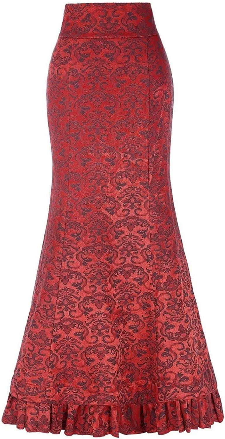 Women's Victorian Vintage Maxi Skirt Side Lace-Up High Waist Ruffle Fishtail Mermaid Skirts Steampunk Gothic Skirt