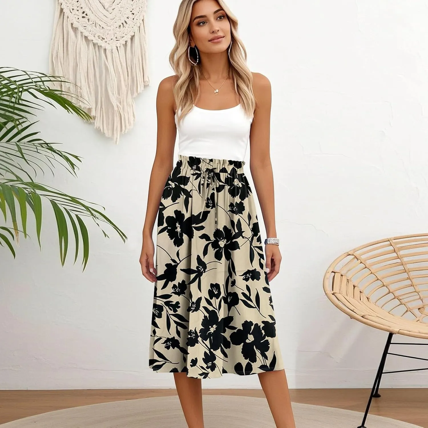 Womens Work Skirts Summer Drawstring Elastic Waist Midi Skirt Work A Line Floral Print Smocked Knee Length Skirts