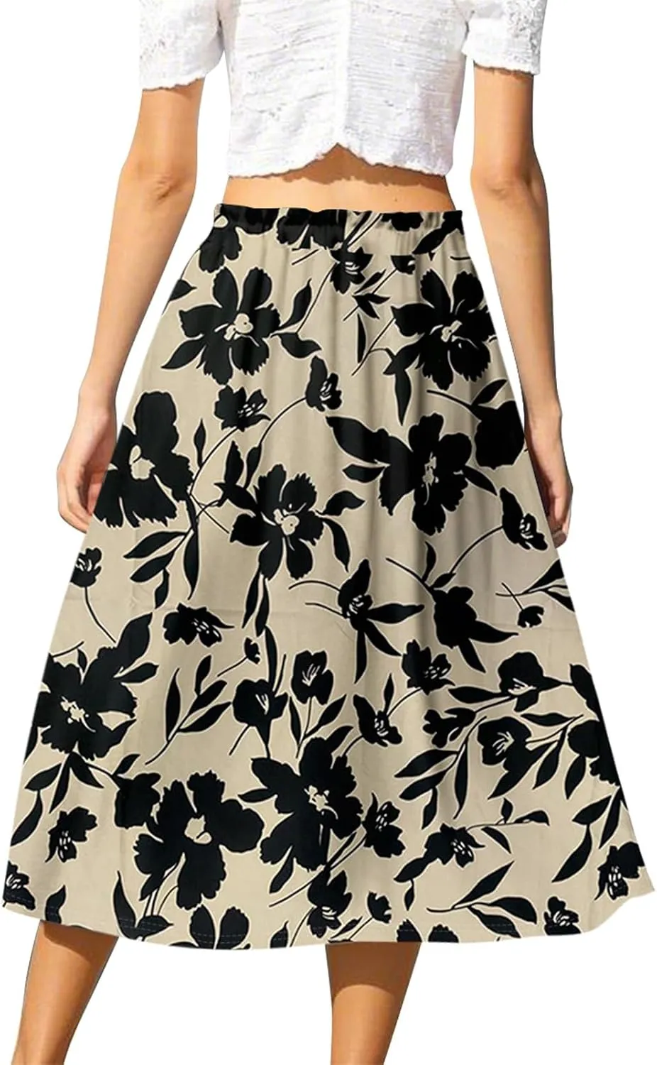 Womens Work Skirts Summer Drawstring Elastic Waist Midi Skirt Work A Line Floral Print Smocked Knee Length Skirts