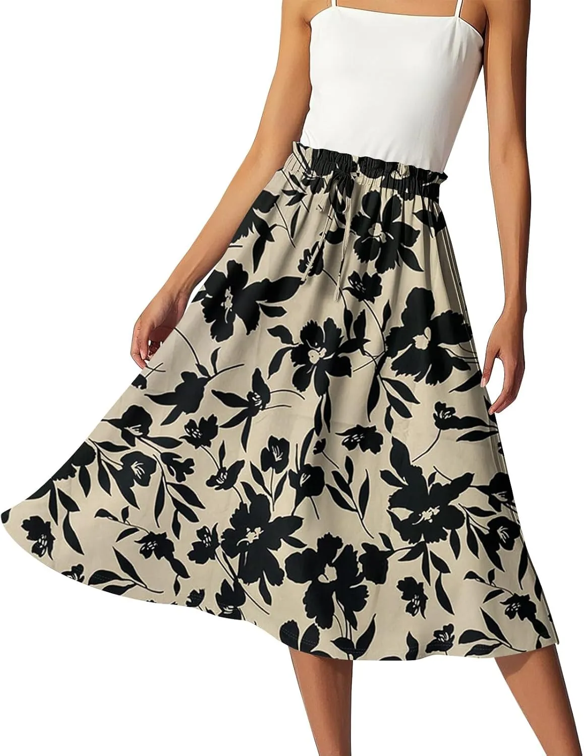 Womens Work Skirts Summer Drawstring Elastic Waist Midi Skirt Work A Line Floral Print Smocked Knee Length Skirts
