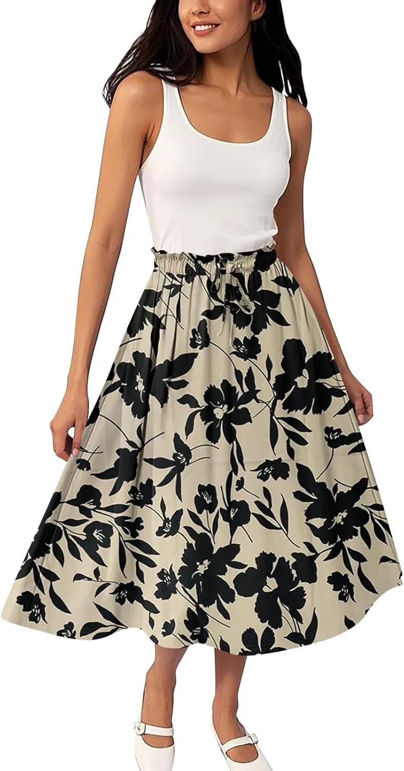 Womens Work Skirts Summer Drawstring Elastic Waist Midi Skirt Work A Line Floral Print Smocked Knee Length Skirts