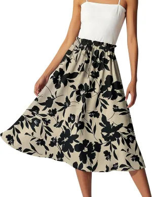 Womens Work Skirts Summer Drawstring Elastic Waist Midi Skirt Work A Line Floral Print Smocked Knee Length Skirts