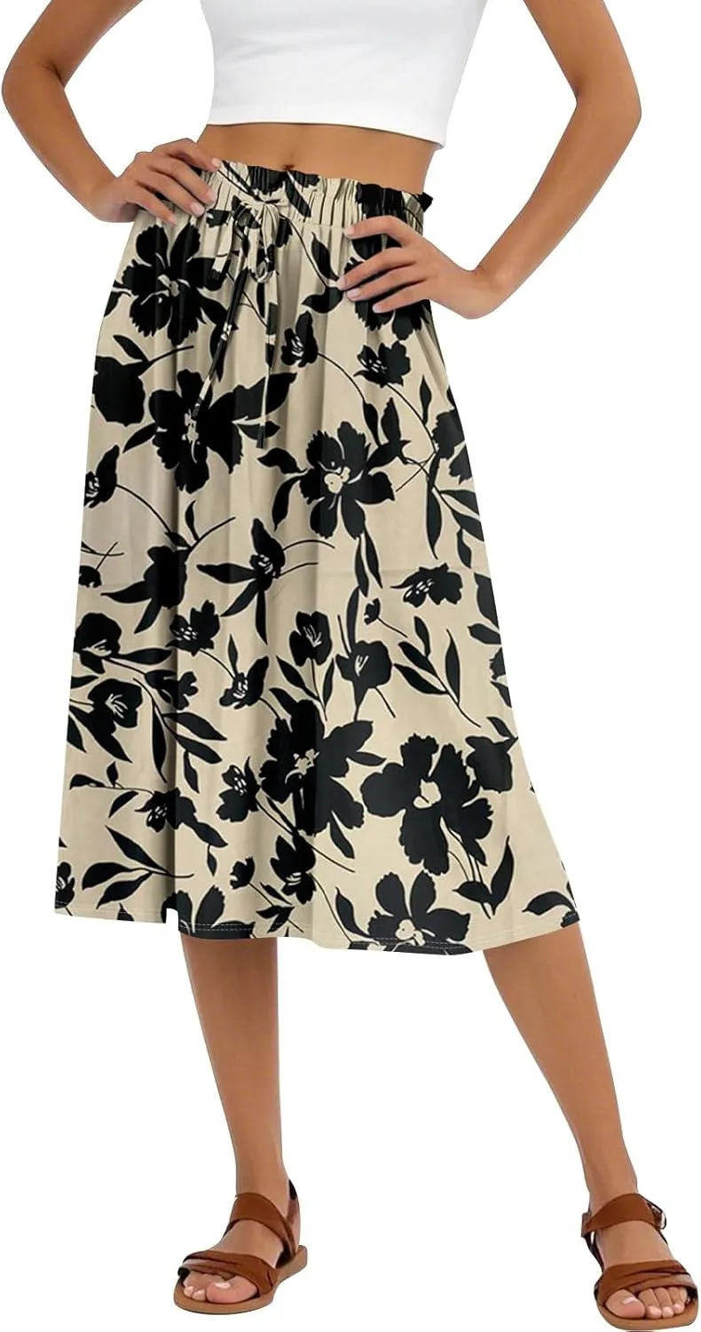 Womens Work Skirts Summer Drawstring Elastic Waist Midi Skirt Work A Line Floral Print Smocked Knee Length Skirts