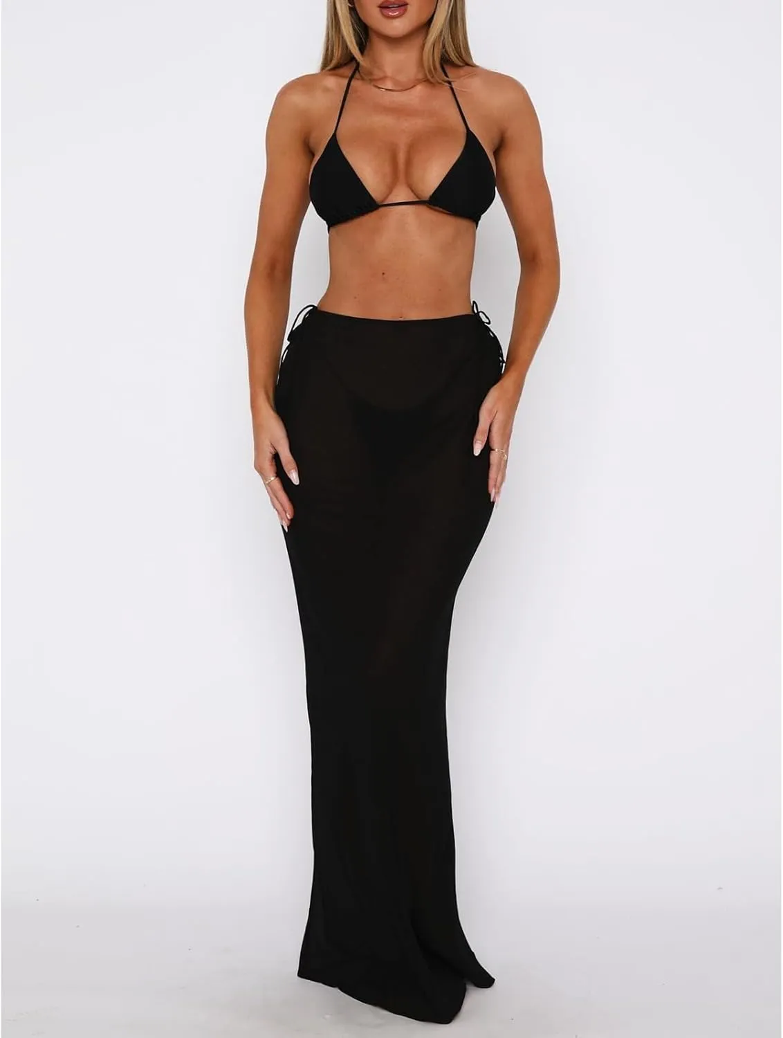 Women's Y2K Sheer Lace Skirt Floral Mesh Long Maxi Skirts Cover Up See-Through Beach Skirts Flowy Tulle Skirts