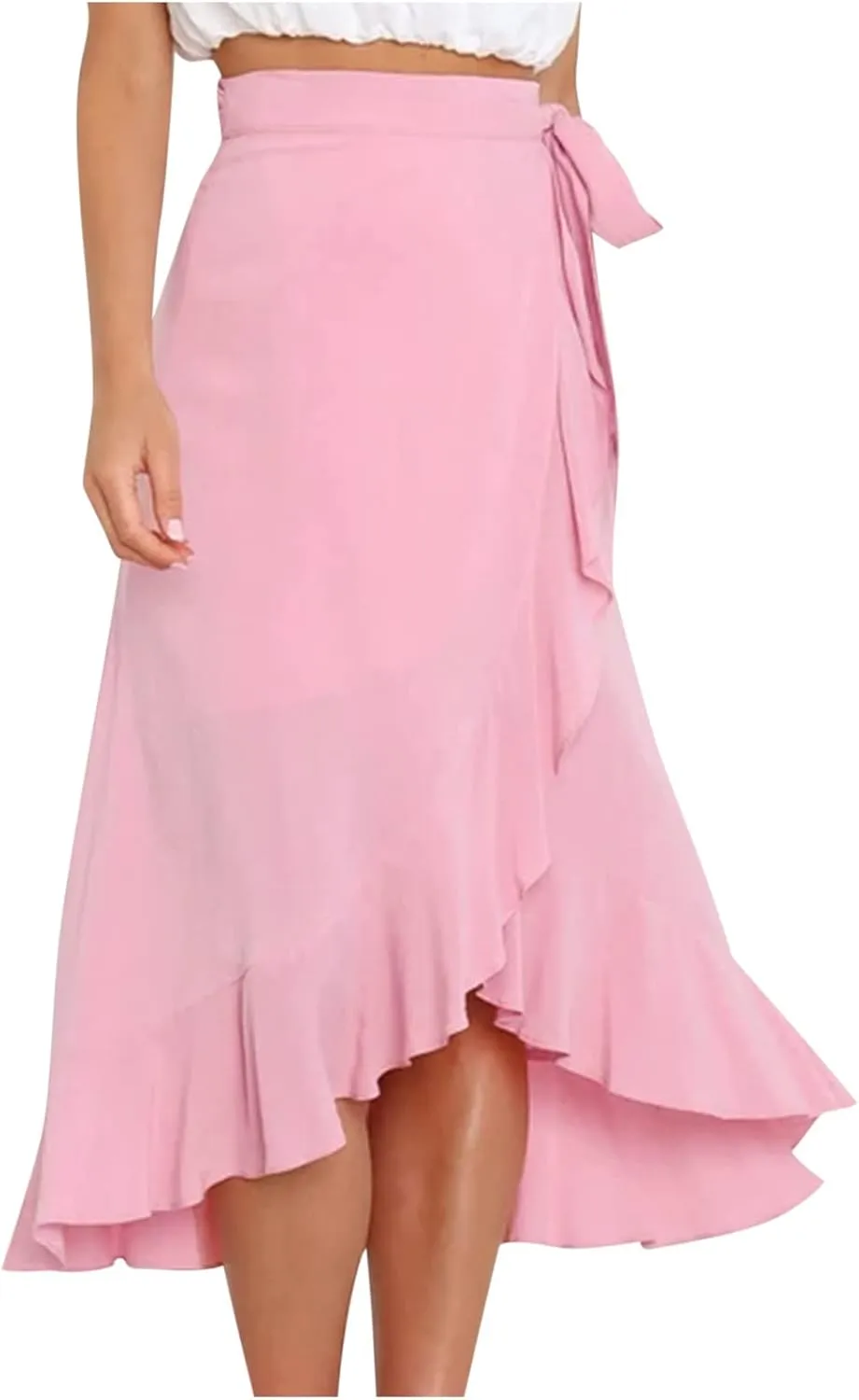 Wrap Skirts for Women Midi Length Skirts Waist Tie Maxi Skirt A-line Ruffle Skirt Flowy Midi Skirt Asymmetrical Skirt