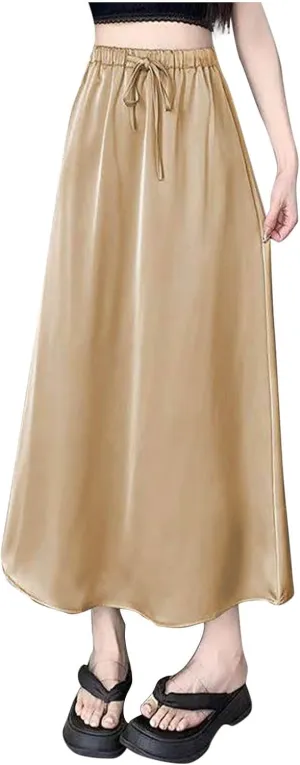 Xiaojmake Women Drawstring High Elastic Waist Satin Maxi Skirt A Line Flared Solid Slim Fitted Going Out Casual Midi Skirts