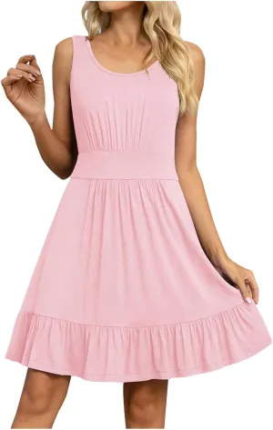 XUNRYAN 2024 Summer Tank Dresses Women Casual Mini Dress Sleeveless Tiered Ruffle Sundress Trendy Beach Vacation Outfit