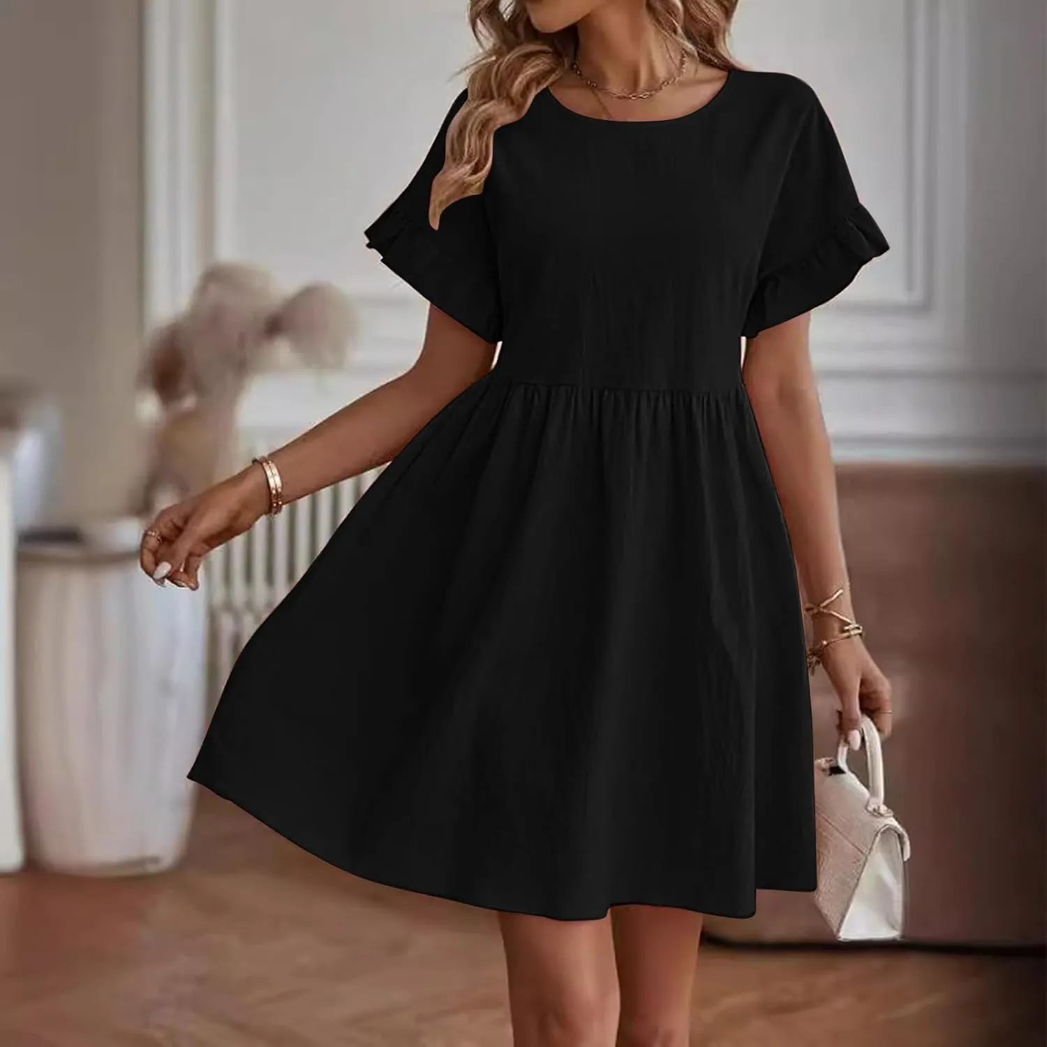 XUNRYAN Womens Casual Mini Dresses Summer Cotton Linen Dress Short Sleeve Ruffle A-line High Waist Sundress Vacation Outfit