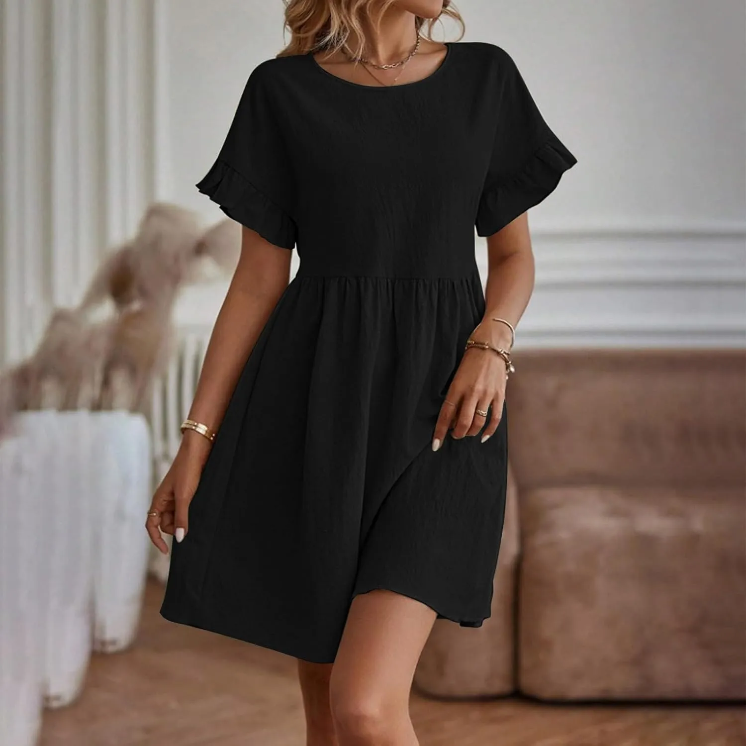 XUNRYAN Womens Casual Mini Dresses Summer Cotton Linen Dress Short Sleeve Ruffle A-line High Waist Sundress Vacation Outfit