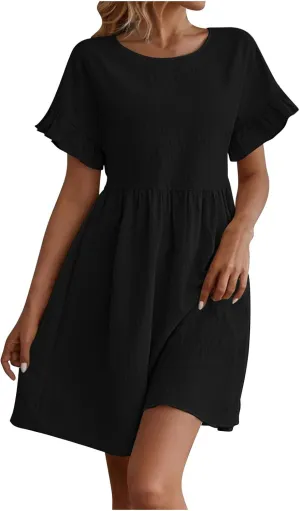 XUNRYAN Womens Casual Mini Dresses Summer Cotton Linen Dress Short Sleeve Ruffle A-line High Waist Sundress Vacation Outfit