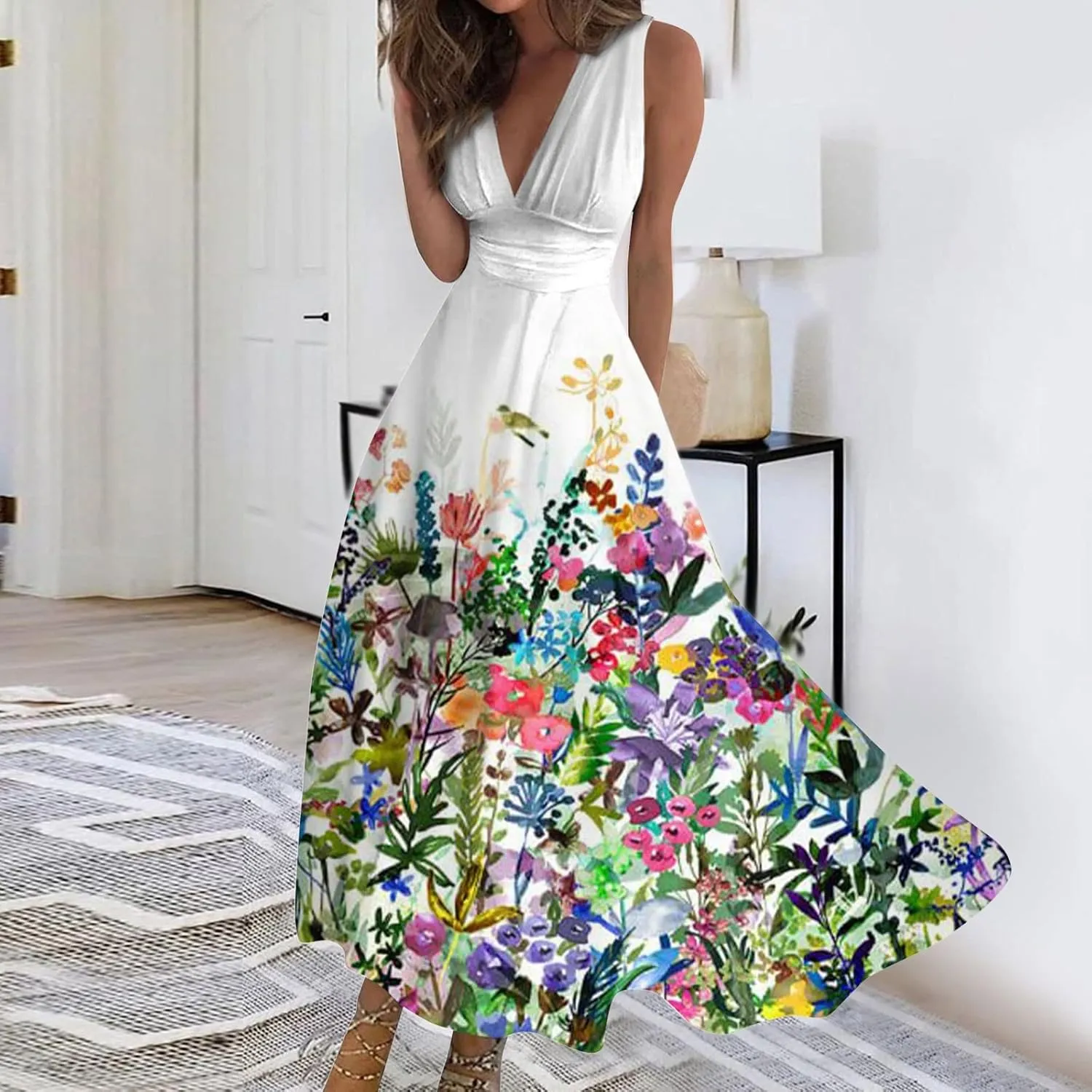 Yesunpxs Summer Dresses for Women 2024 Flowy Ruched Wrap V Neck Beach Dresses Sleeveless Printed Maxi Dress Boho Sundresses