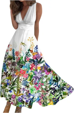Yesunpxs Summer Dresses for Women 2024 Flowy Ruched Wrap V Neck Beach Dresses Sleeveless Printed Maxi Dress Boho Sundresses