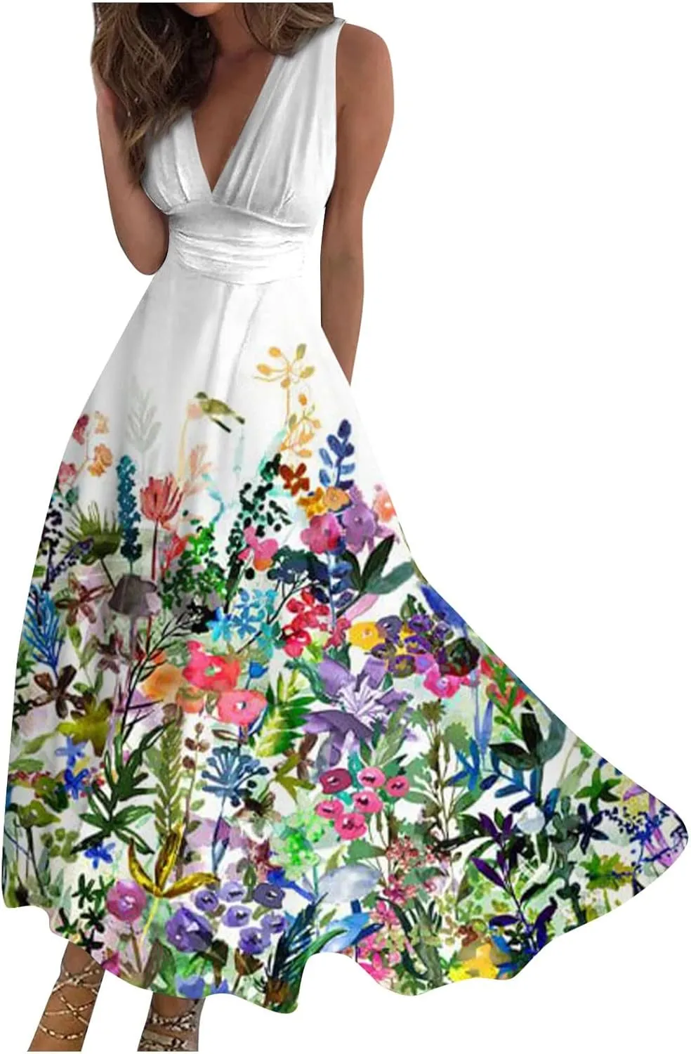 Yesunpxs Summer Dresses for Women 2024 Flowy Ruched Wrap V Neck Beach Dresses Sleeveless Printed Maxi Dress Boho Sundresses