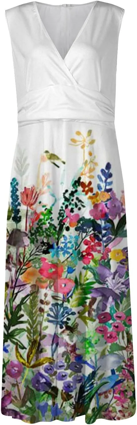 Yesunpxs Summer Dresses for Women 2024 Flowy Ruched Wrap V Neck Beach Dresses Sleeveless Printed Maxi Dress Boho Sundresses