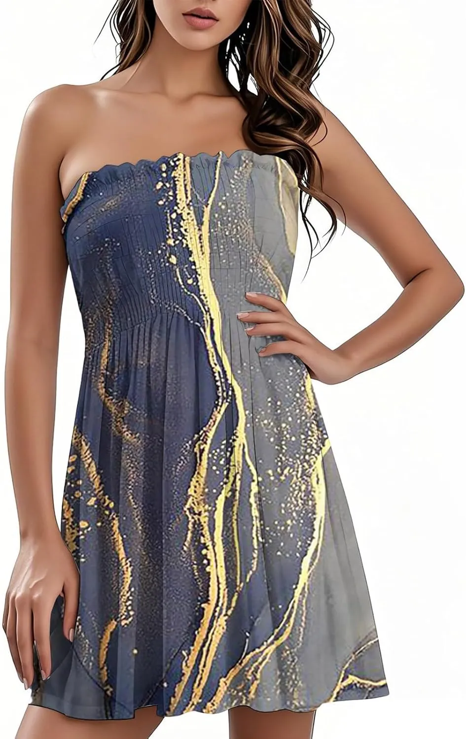 Yesunpxs Womens Summer Strapless Mini Dress 2025 Trendy Print Sleeveless Smocked Flowy A Line Dresses Beach Vacation Tube Top