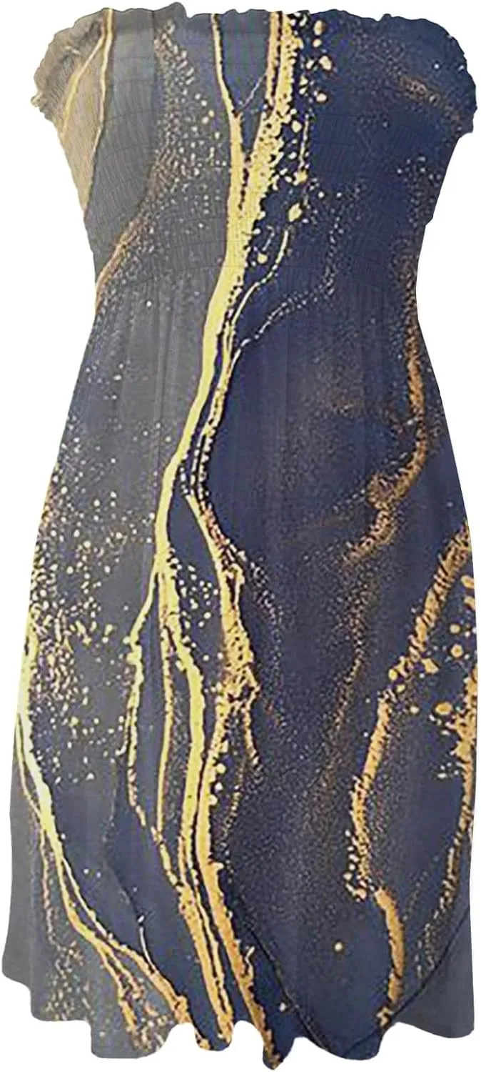 Yesunpxs Womens Summer Strapless Mini Dress 2025 Trendy Print Sleeveless Smocked Flowy A Line Dresses Beach Vacation Tube Top