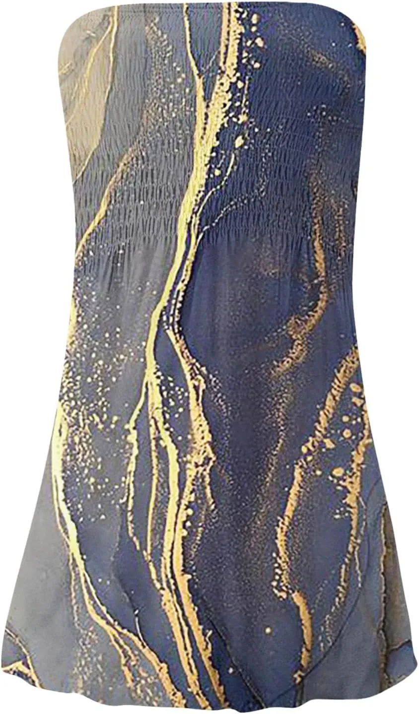 Yesunpxs Womens Summer Strapless Mini Dress 2025 Trendy Print Sleeveless Smocked Flowy A Line Dresses Beach Vacation Tube Top