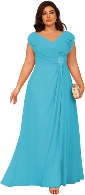 YOFF Double V Neck Mother of The Bride Dresses Sequin Lace Appliques Pleated Chiffon Formal Evening Prom Dress YO222